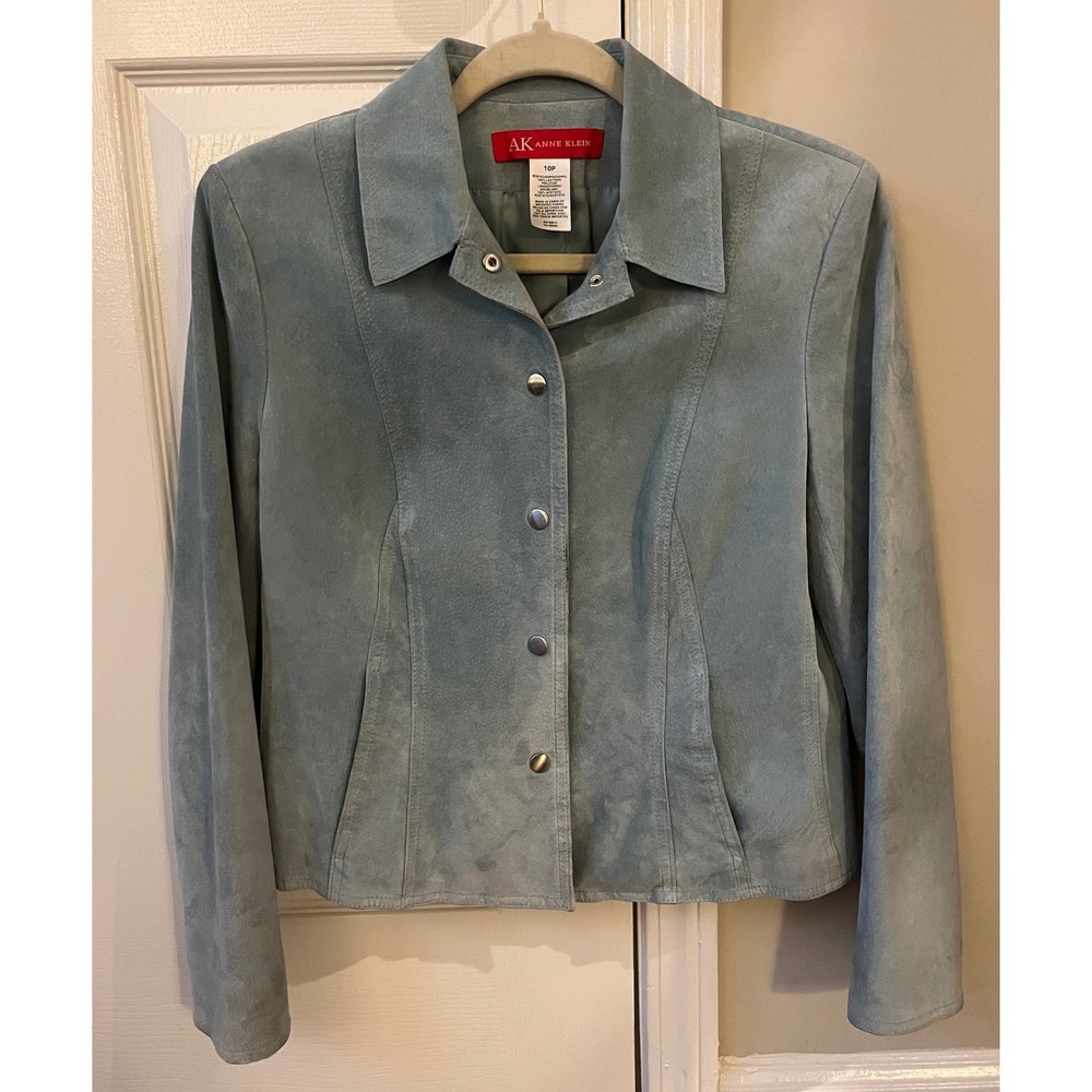 Anne Klein Suede Leather‎ Blazer Jacket Light Blue Button Front Petite 10P